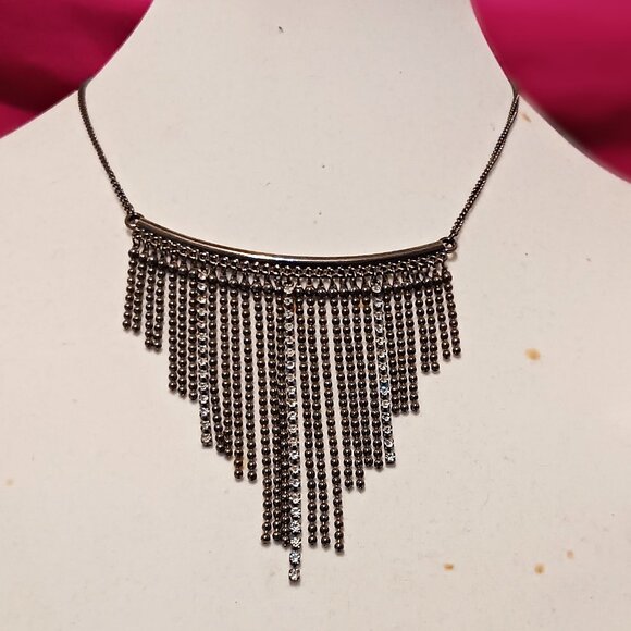 Handmade Gun Metal Rhinestone Fringe Statement Choker Fashion Necklace - Picture 2 of 8